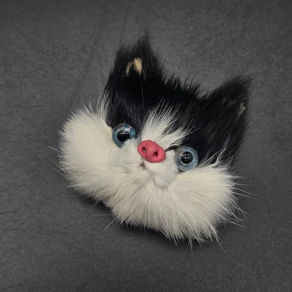 Furry Black White Cat Brooch Hand Crafted Vintage Jewelry